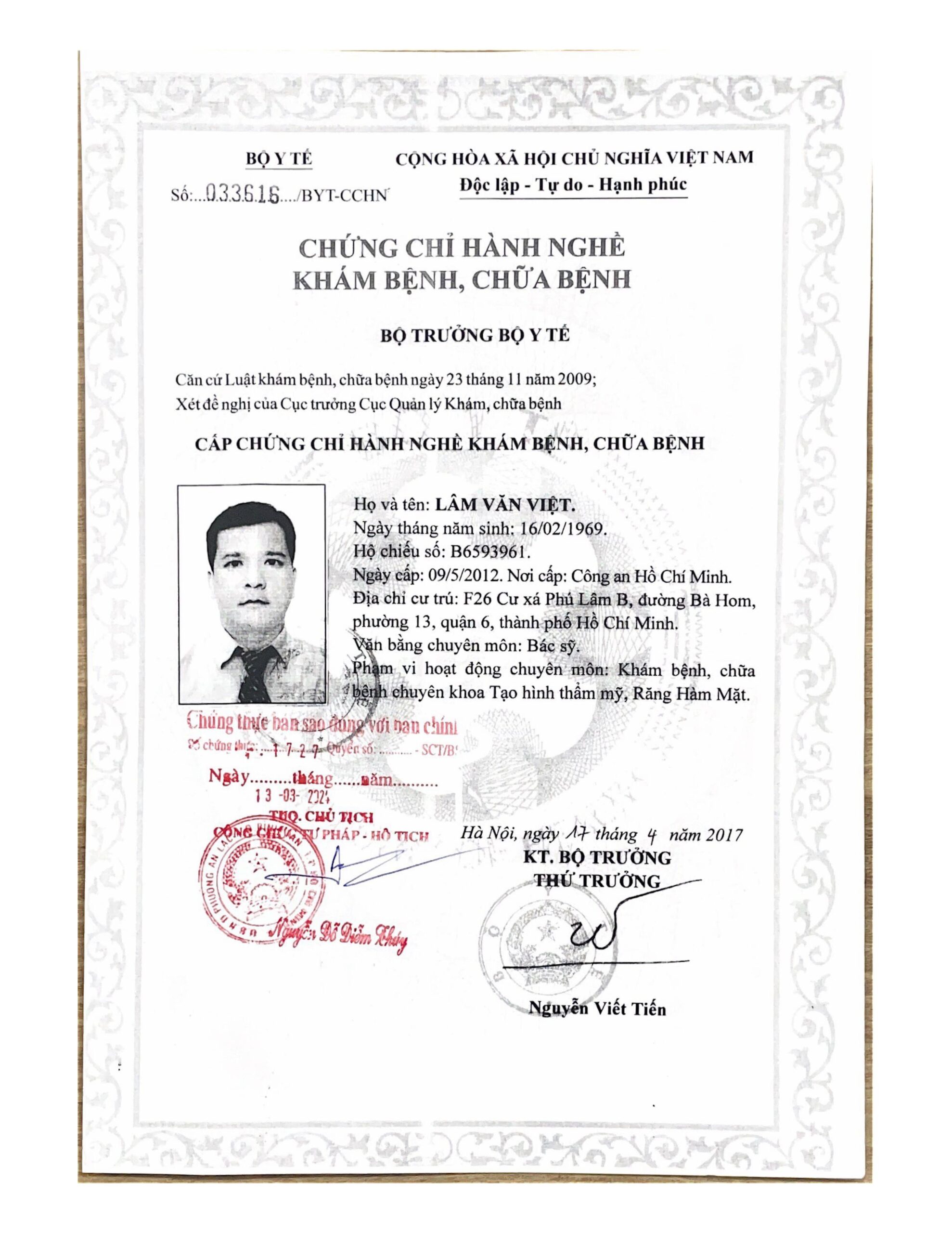 Chứng chỉ hành nghề Bác sĩ CKI. Lâm Văn Việt