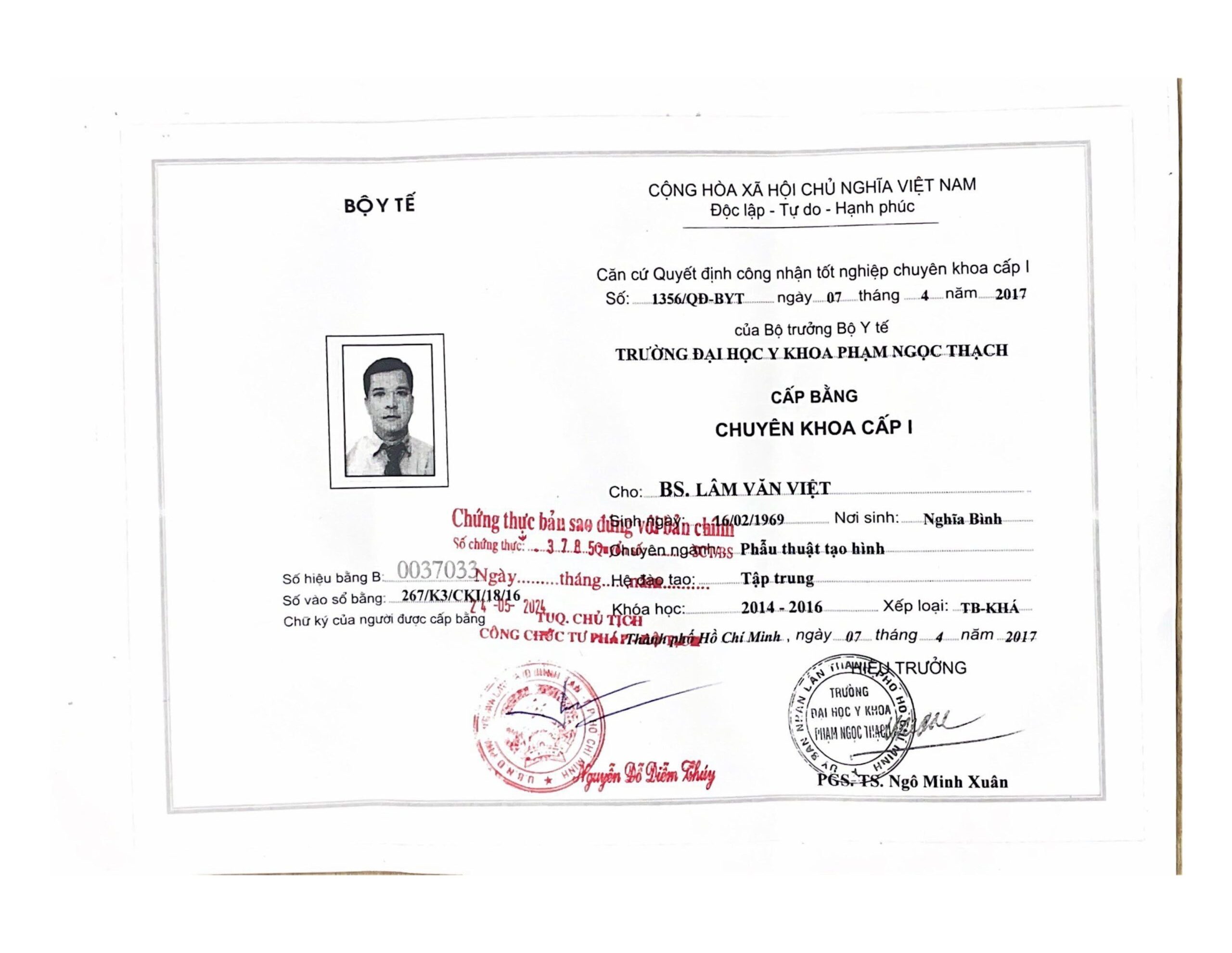 Bằng cấp chuyên khoa Bác sĩ CKI. Lâm Văn Việt