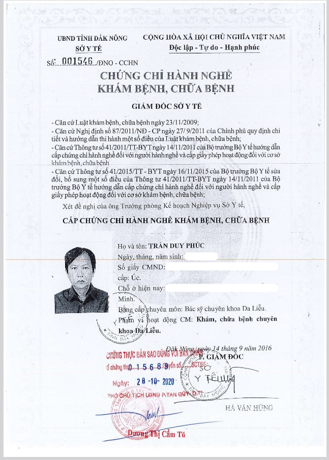 Chứng chỉ hành nghề khám bệnh, chữa bệnh - Trần Duy Phúc