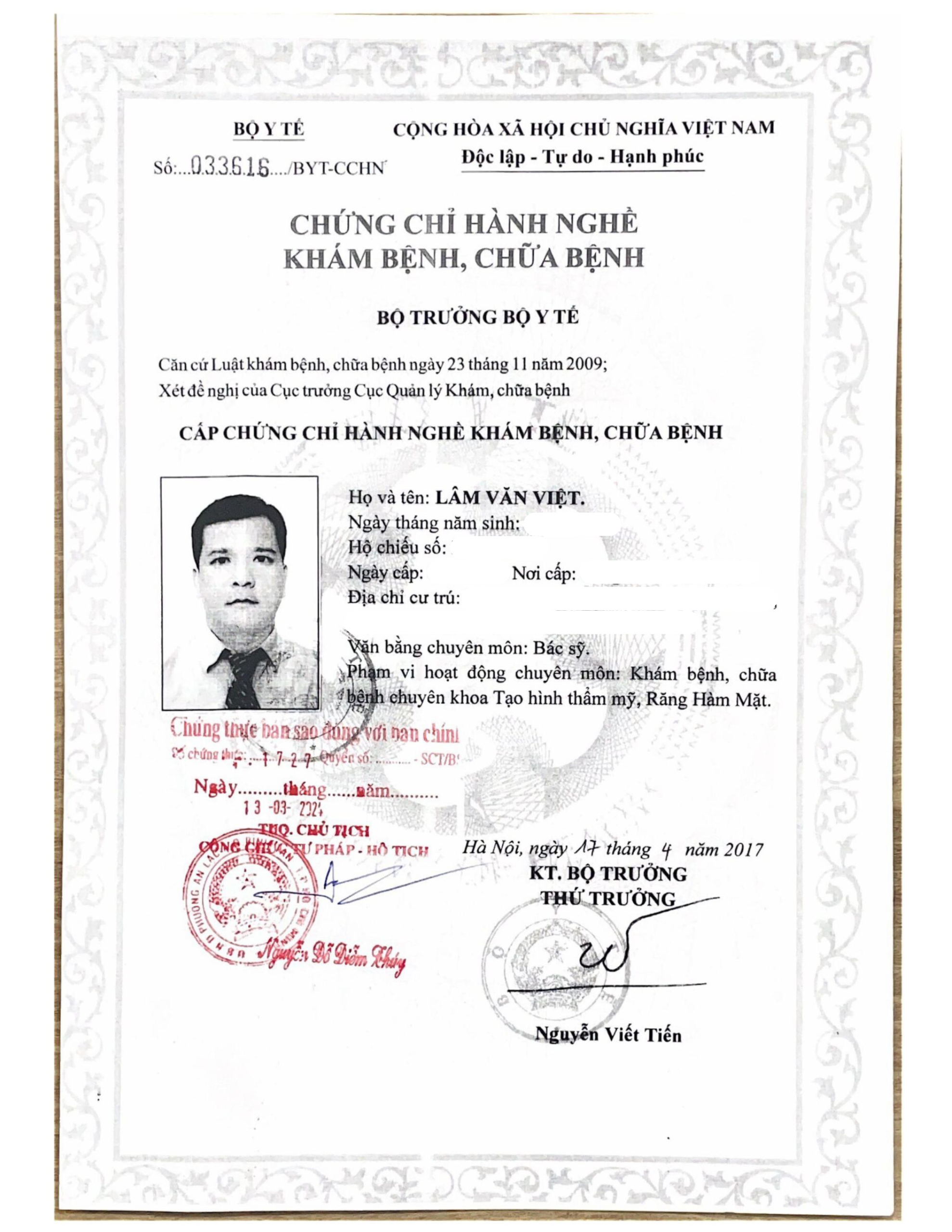 Chứng chỉ hành nghề Bác sĩ CKI. Lâm Văn Việt