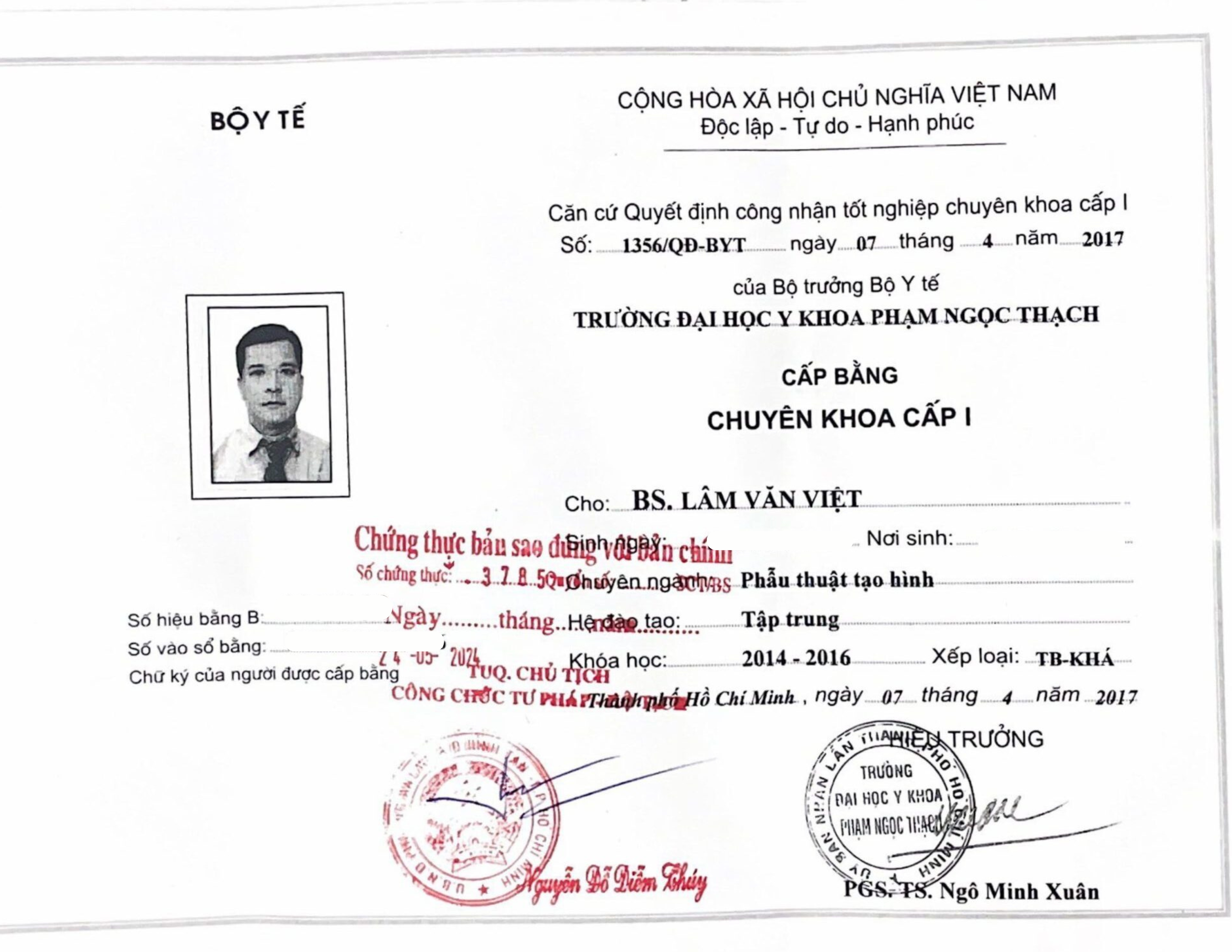 Bằng cấp chuyên khoa Bác sĩ CKI. Lâm Văn Việt