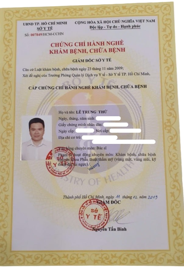 Chứng chỉ hành nghề Bác sĩ CKI Lê Trung Thứ