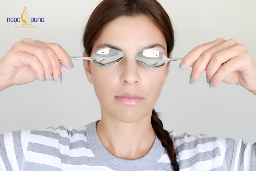 Cách trị bọng mắt bằng nước đá lạnh tại nhà nhanh, hiệu quả 8 Động tác vuốt nhẹ bằng thìa inox lạnh theo hướng hệ bạch huyết giúp đẩy dịch ứ đọng thoát ra ngoài nhanh hơn
