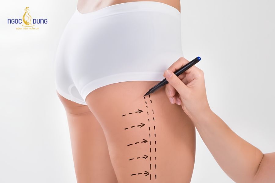 Hút mỡ đùi an toàn, hiệu quả chuẩn y khoa tại Ngọc Dung 15 Bác sĩ đo vẽ và xác định ranh giới các khối mỡ khu trú trên đùi ở tư thế đứng