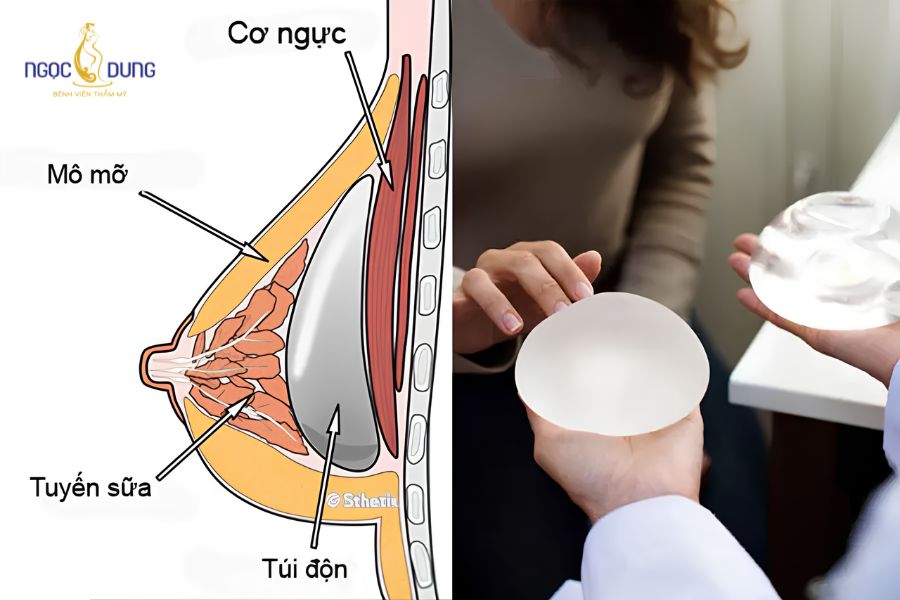Có nên nâng ngực khi chưa sinh con? Lời khuyên chuyên gia 12 Mô hình vị trí đặt túi ngực dưới cơ ngực lớn, hoàn toàn tách biệt với lớp mô tuyến sữa