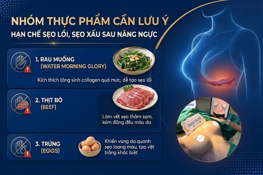Nâng ngực cần kiêng ăn gì? Giải đáp từ Bệnh viện Thẩm mỹ Ngọc Dung 8 Rau muống, thịt bò và trứng là nhóm thực phẩm hàng đầu cần kiêng sau nâng ngực để tránh hình thành sẹo lồi và thâm sạm