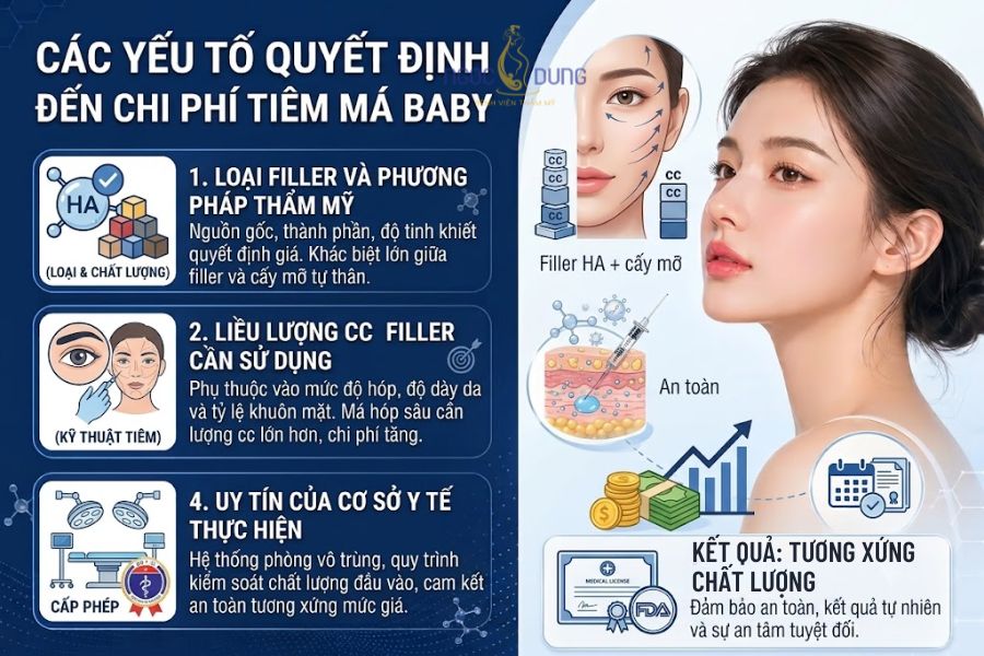 Tiêm má baby bao nhiêu tiền? Bảng giá cập nhật mới nhất 14 Chi phí tiêm má baby thực tế phụ thuộc vào chất lượng filler, liều lượng cc và trình độ bác sĩ