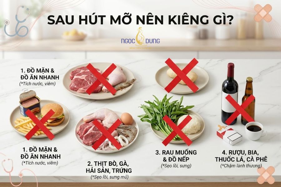 Sau khi hút mỡ nên ăn gì, kiêng gì để nhanh hồi phục? 10 Nhận biết các nhóm thực phẩm cần kiêng để ngăn ngừa nguy cơ mưng mủ và sẹo lồi