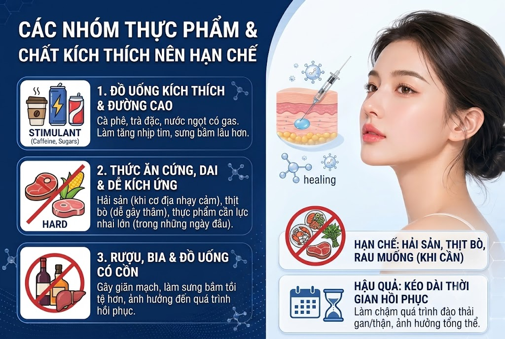 Tiêm tan filler bao lâu thì tan hết? Giải đáp chi tiết 12 Tạm thời kiêng cữ rượu bia, chất kích thích và các thực phẩm dễ gây sưng viêm trong tuần đầu